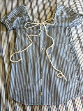 Upcycled Blue Stripe Button-Front Tie-Neck Dress